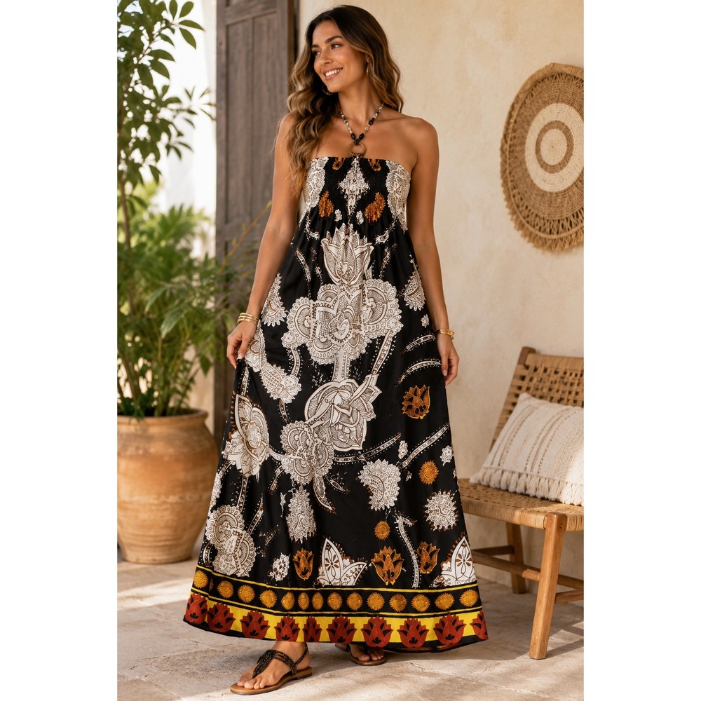 Magic Women's 1X Black Orange Floral Halter Maxi Dress Beaded Boho